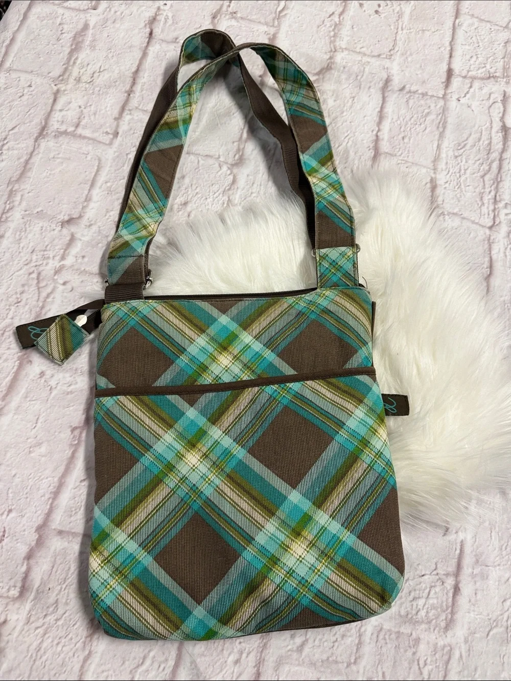 Thirty-one Brown Plaid Crossbody with Teal and Brown Accents